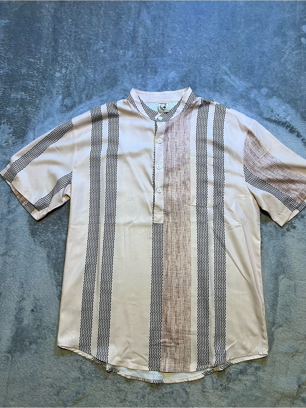 Men's Short-Sleeve Mandarin Collar Shirt in Cream with Brown Stripes